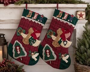 Vintage Wang’s International Christmas Stockings Set of 2 Quilted Folk Art 18”